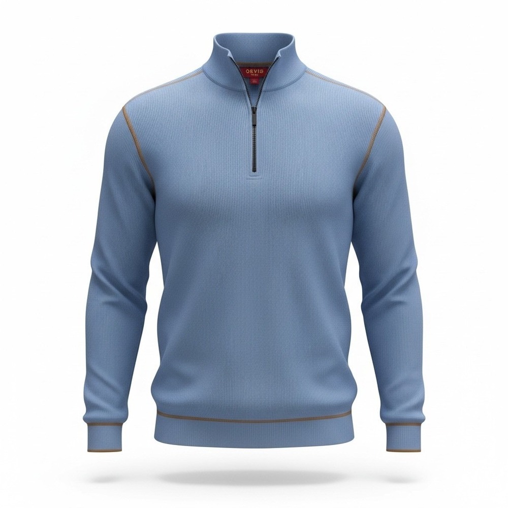 Orvis Mens Quarter Zip Pullover Sweater Blue Ribbed Cotton Flatlock Stitch Med - Picture 1 of 6